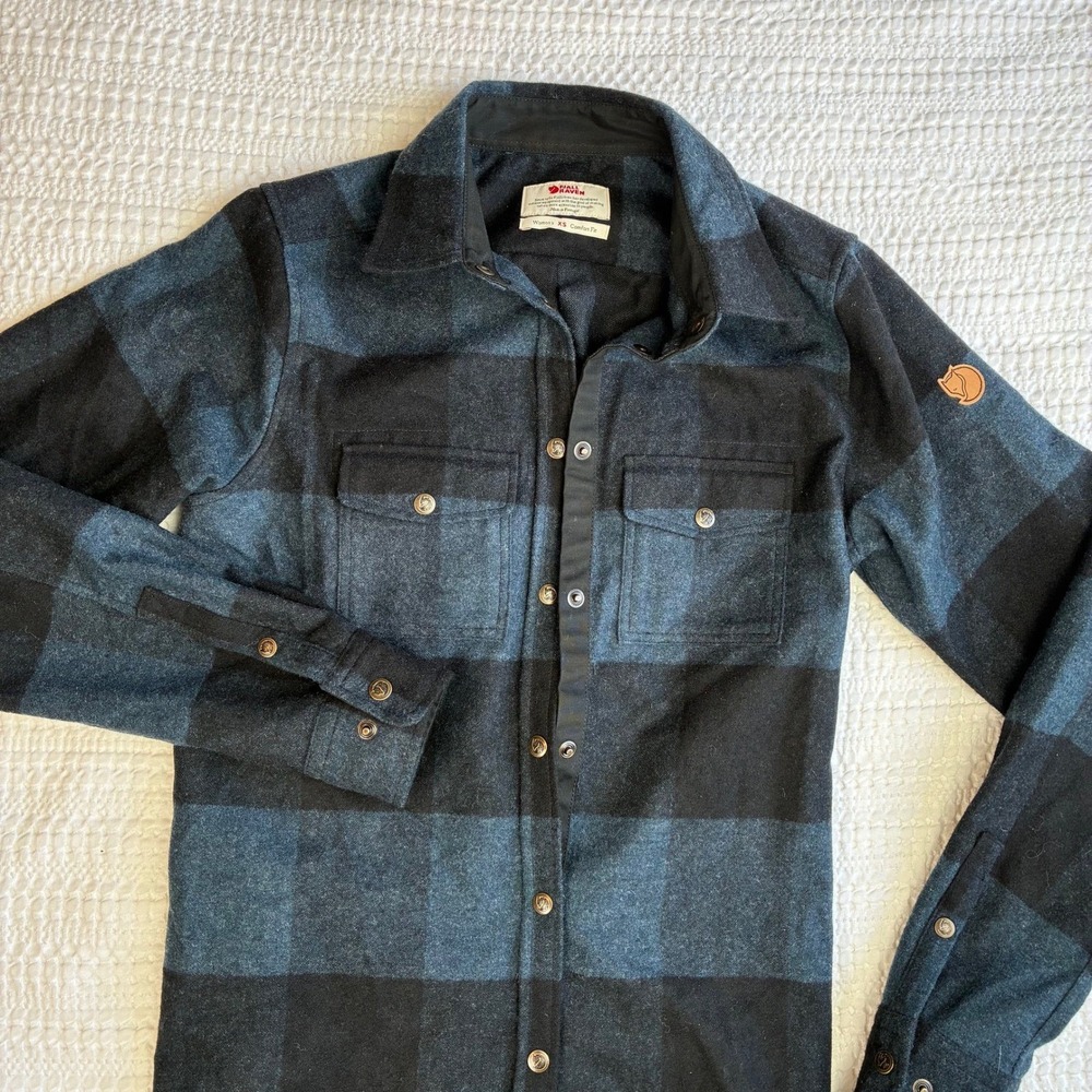 Fjallraven Canada Shirt Women XS Navy Black Plaid Wool Blend Flannel Button Up - Picture 3 of 15